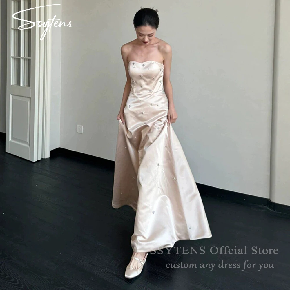 SSYTENS Strapless Light Evening Dresses Satin French Minimalist Beaded Dress Banquet Party Wedding Dress Customized 웨딩드레스