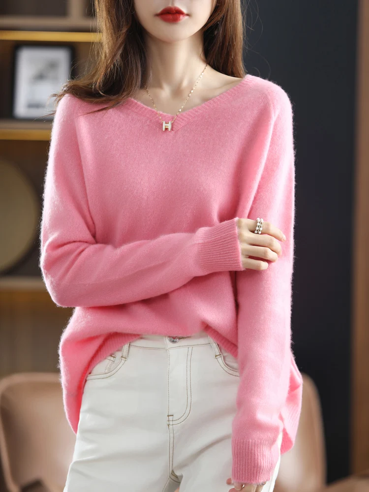 100% Pure Wool Lazy Wind Loose Large Size V-Neck Pullover Women\'s Spring And Autumn Casual All-Match Cashmere Sweater Sweater116