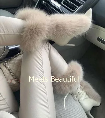 Beige Fox Fur Pointed Toe Stiletto Heels Lace Up Mid-calf Boots Women Luxury Slip On High Heel Ankle Boots Shoes Drop Shipping