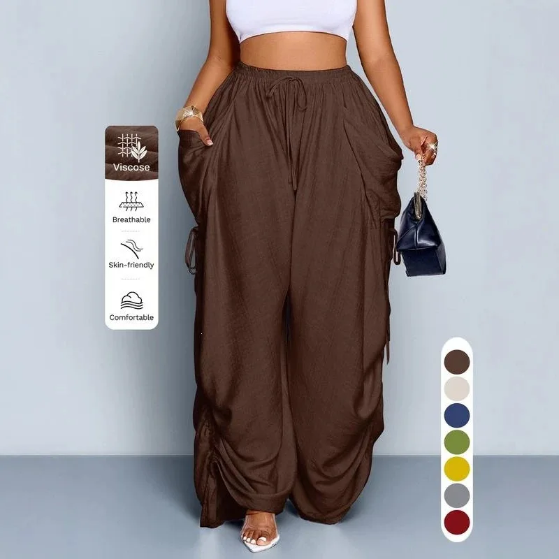 

Women Loose Punk Style Drawstring Pleated High Waisted Wide Leg Pants
