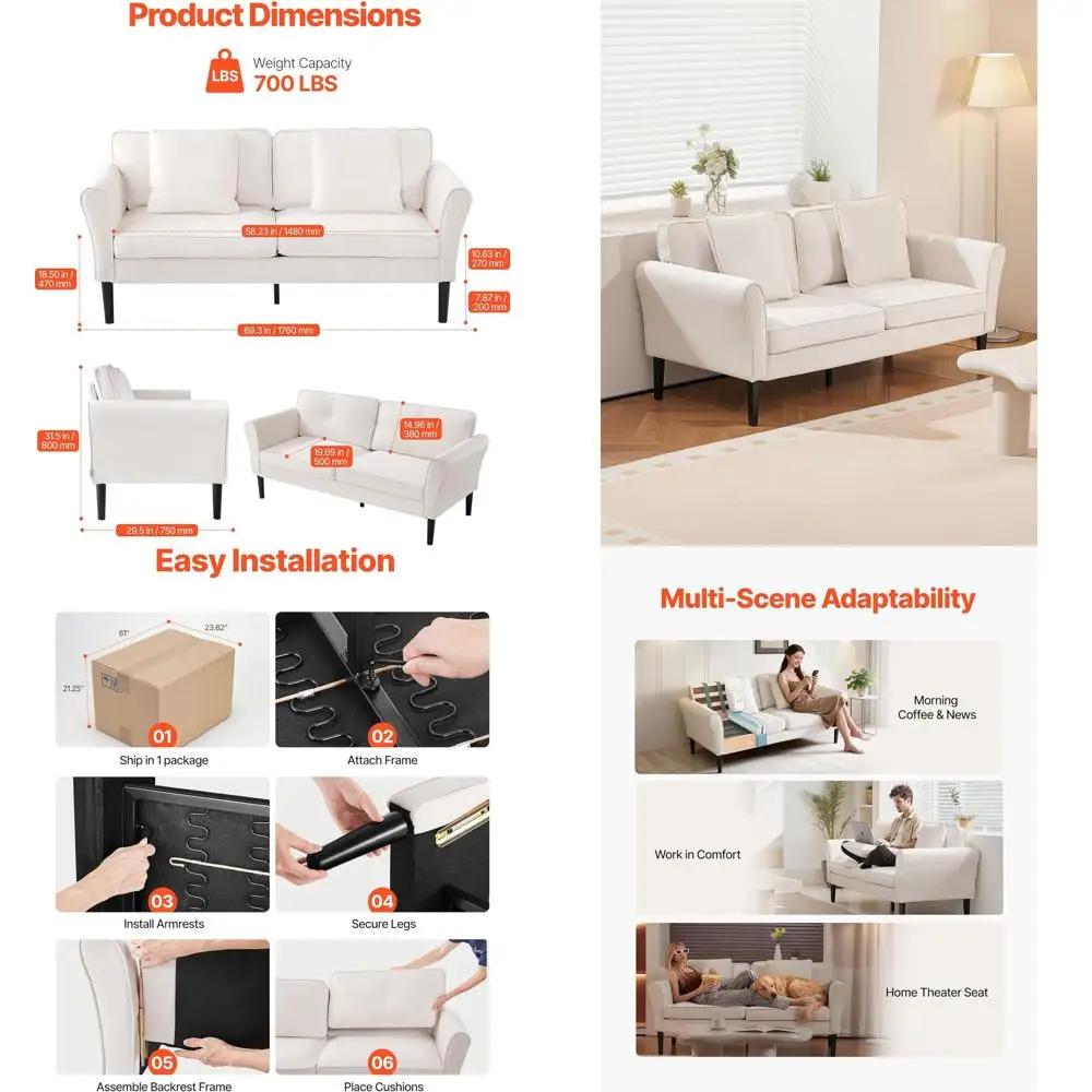 

69-дюймовый двухместный диван-софа из велюра с пружинным блоком и подушками для гостиной, спальни или офиса, белый