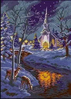 Top Quality Beautiful Lovely Counted Cross Stitch Kit Peaceful Night Two Deer Drink in River Castle Town Village dim 08677