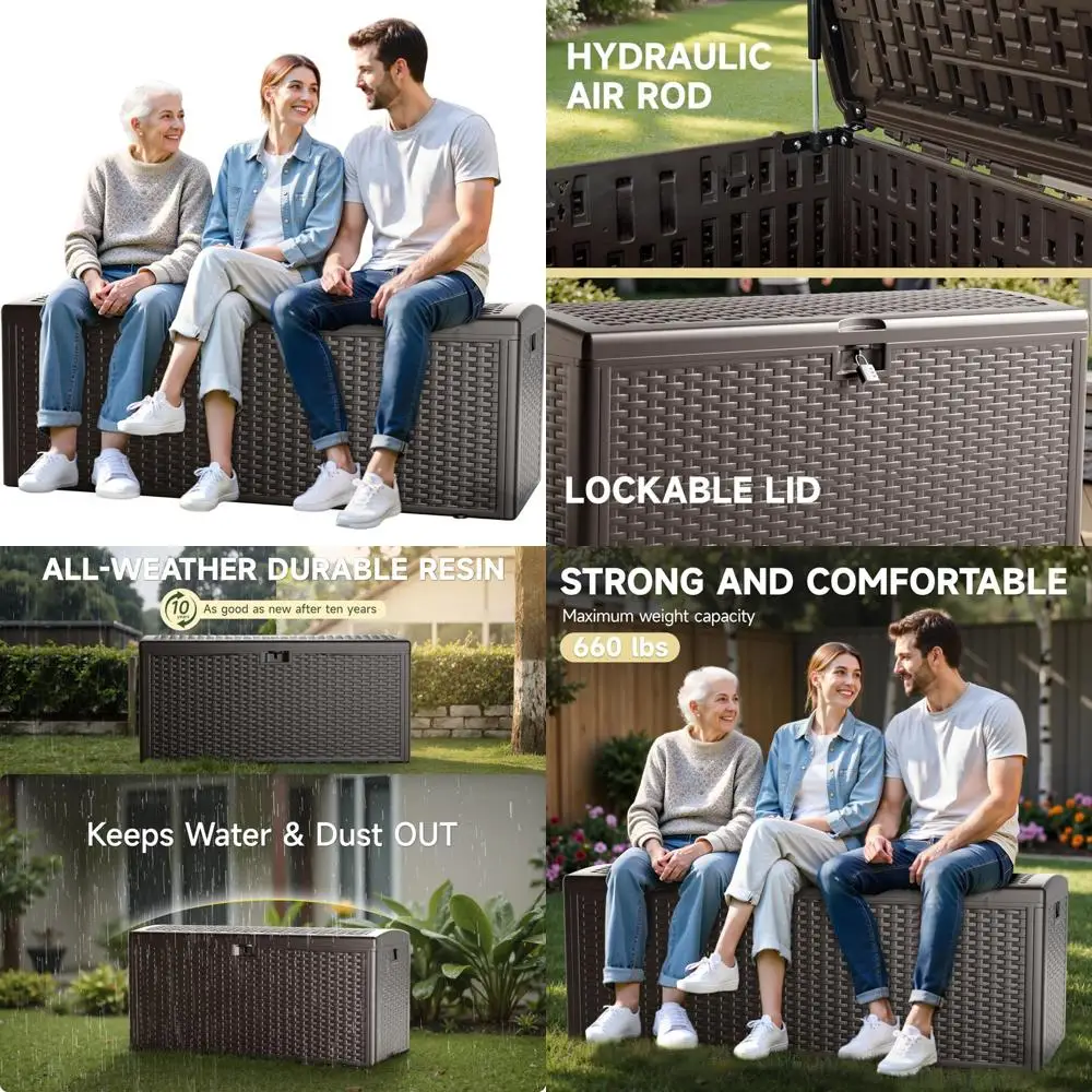 

Waterproof Double Layer Resin Deck Storage Box, 150 Gallon Outdoor Patio Lockable UV Resistant Bin for Furniture and Accessories