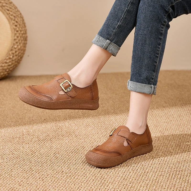 Original Natürliche Leder Schuhe für Frauen Vintage Komfort Runde Kappe Schnalle Wohnungen Frau Slip Auf Orthopädische Loafers Damen Mokassins – Detail 22