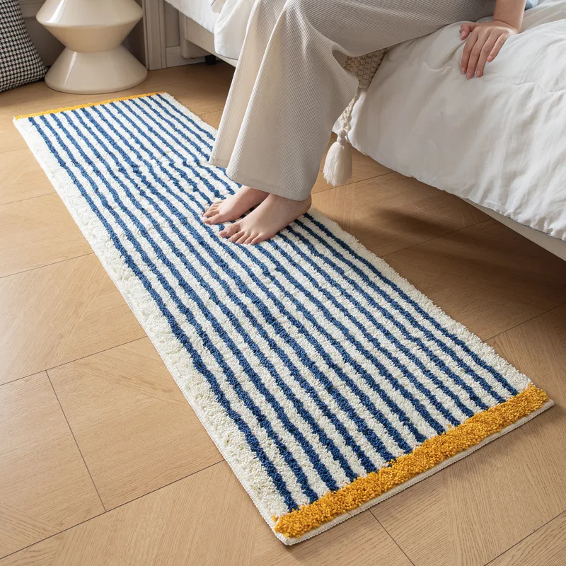 

Long Tufting Blue Striped Rug Soft Flocking Non-slip Floor Mat Entrance Bedroom Living Room Girl's Bedside Blanket Home Decor