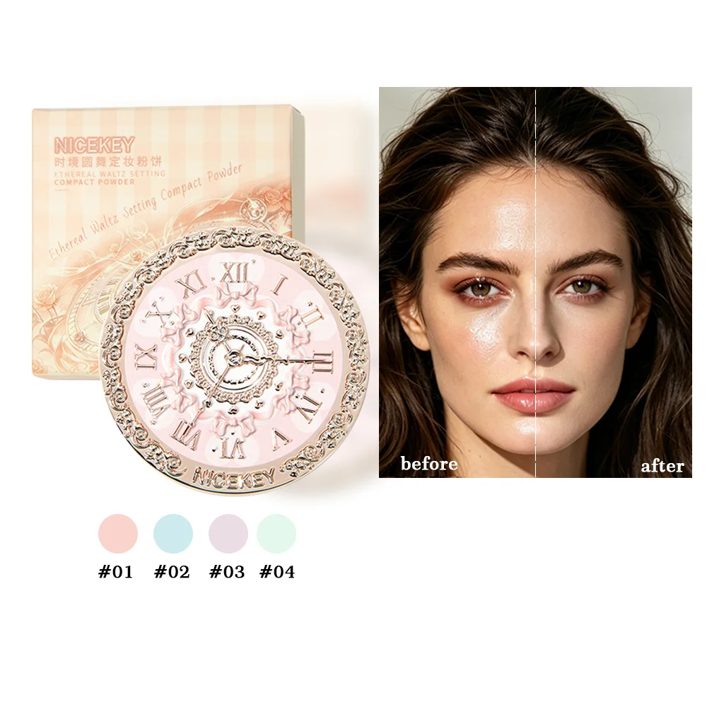 Time Ball Setting Powder Puff, Vintage Clock Decorative Compact Powder, 4 Shades Optional, Oil Control Non-caking Face Powder
