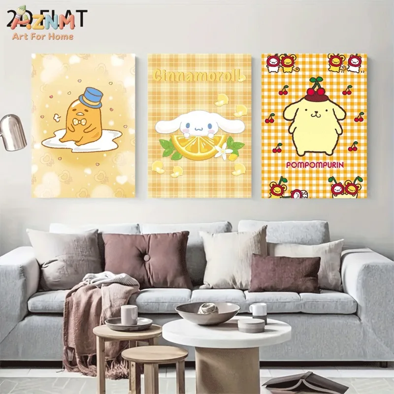 Unframed Sanrio Characters Canvas Wall Art Gudetama Cinnamoroll Pompompurin Orange Cherry Plaid Cute Cartoon Poster Girls Bedroo