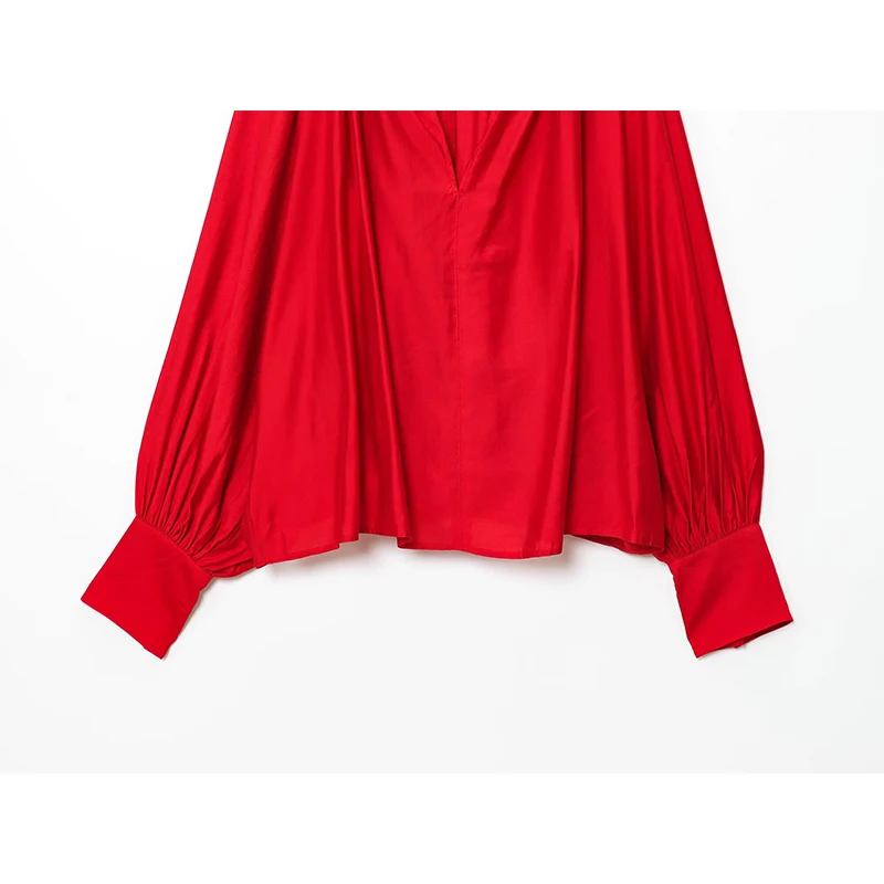 YENKYE 2025 Blusa con manga acampanada y cuello en V para mujer, color negro y rojo, Tops holgados Vintage de otoño