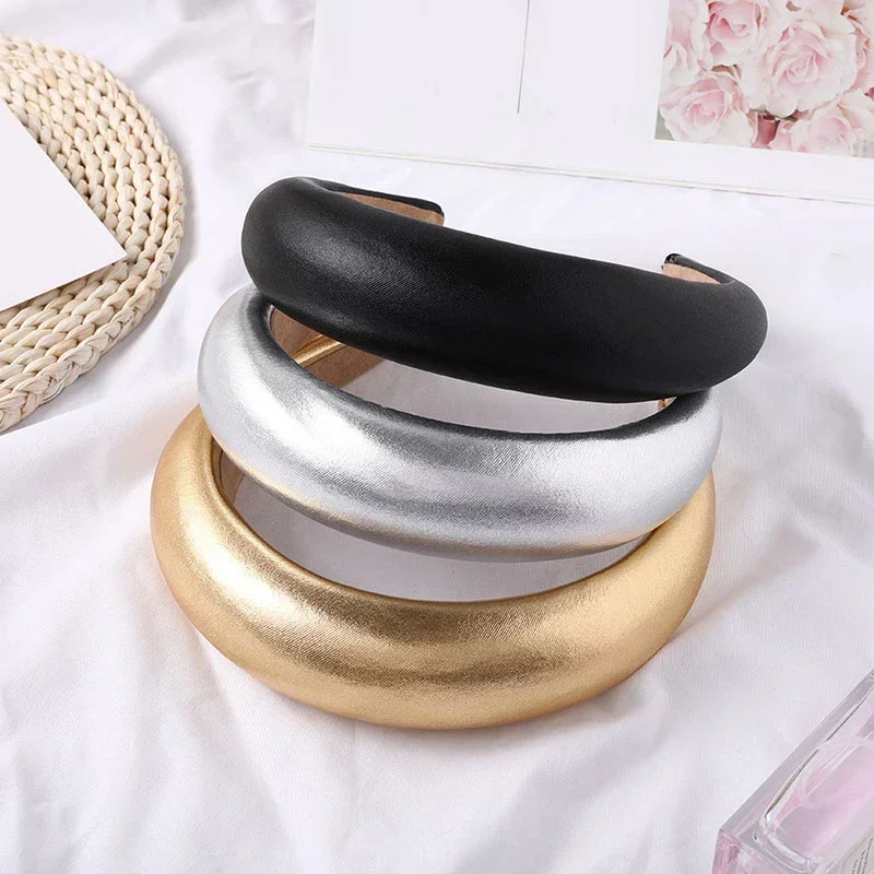 Luxury Women PU Padded Wide Headband Solid Sweet Gold Silver Color Lady Sponge Hair Hoop Vintage Party Stretchy Thick Headpiece