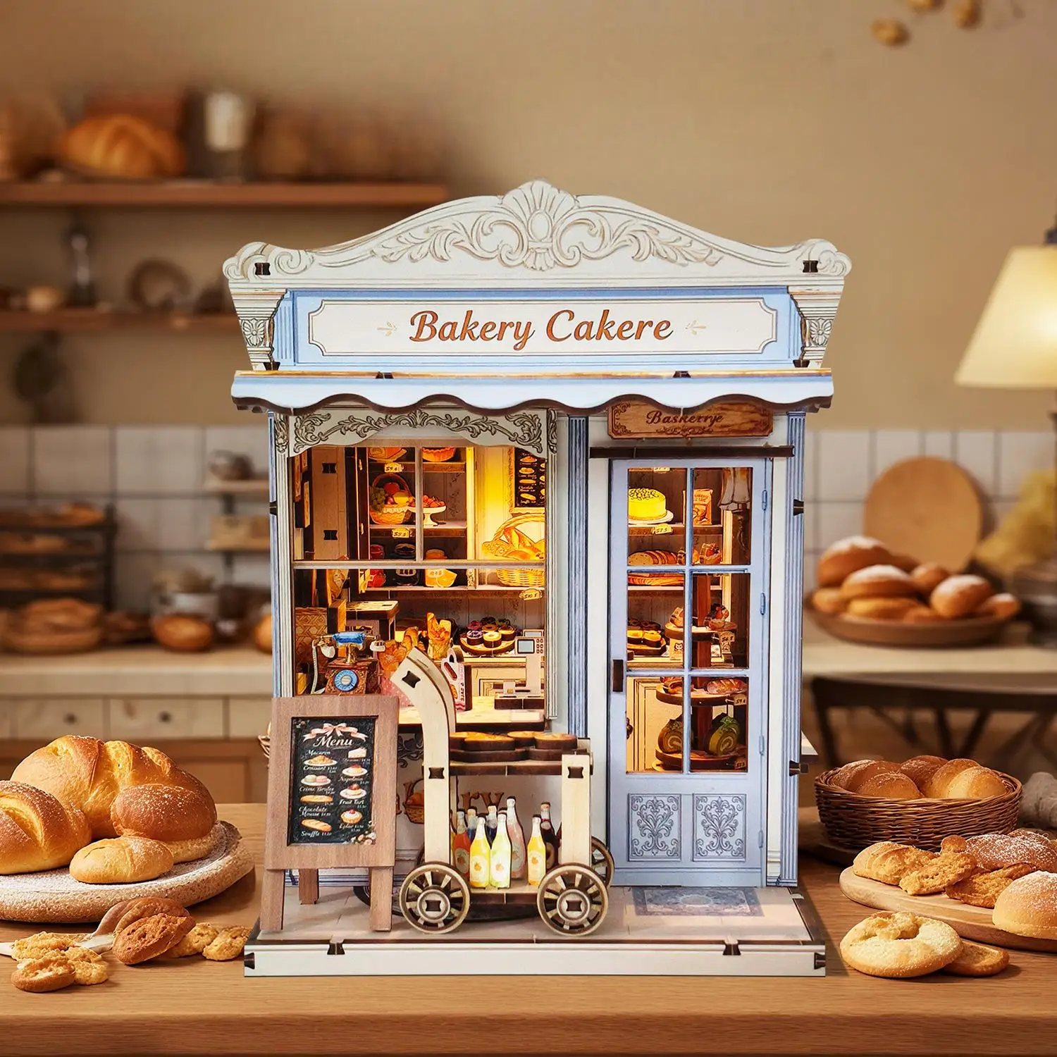 

OUZEY Sweet Bakery Cake Shop Miniature, Delightful Wooden Dollhouse with LED Lights, Charming DIY Gift for Adults