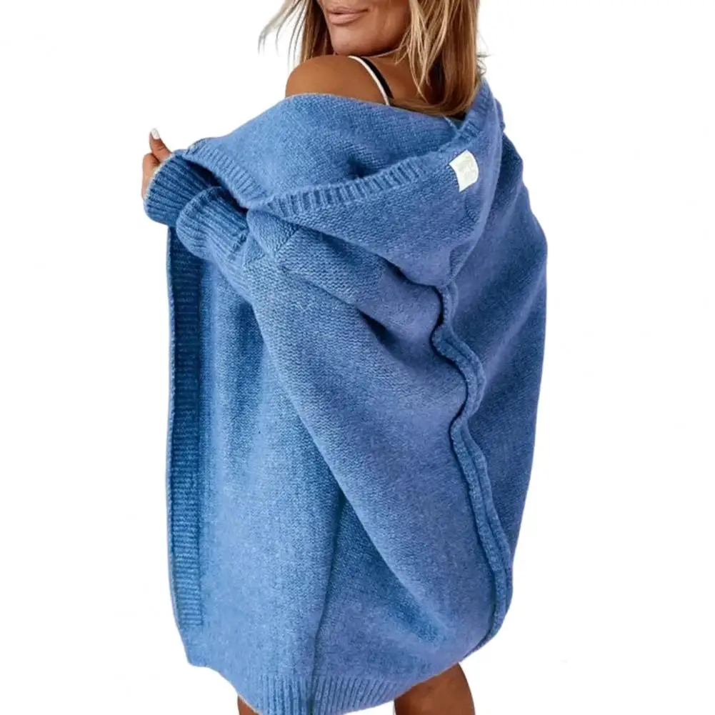 Losvallend vest Stijlvolle damessweater met capuchon en geribbelde manchetten Open voorkant Middellang gebreid vest in effen voor de herfst