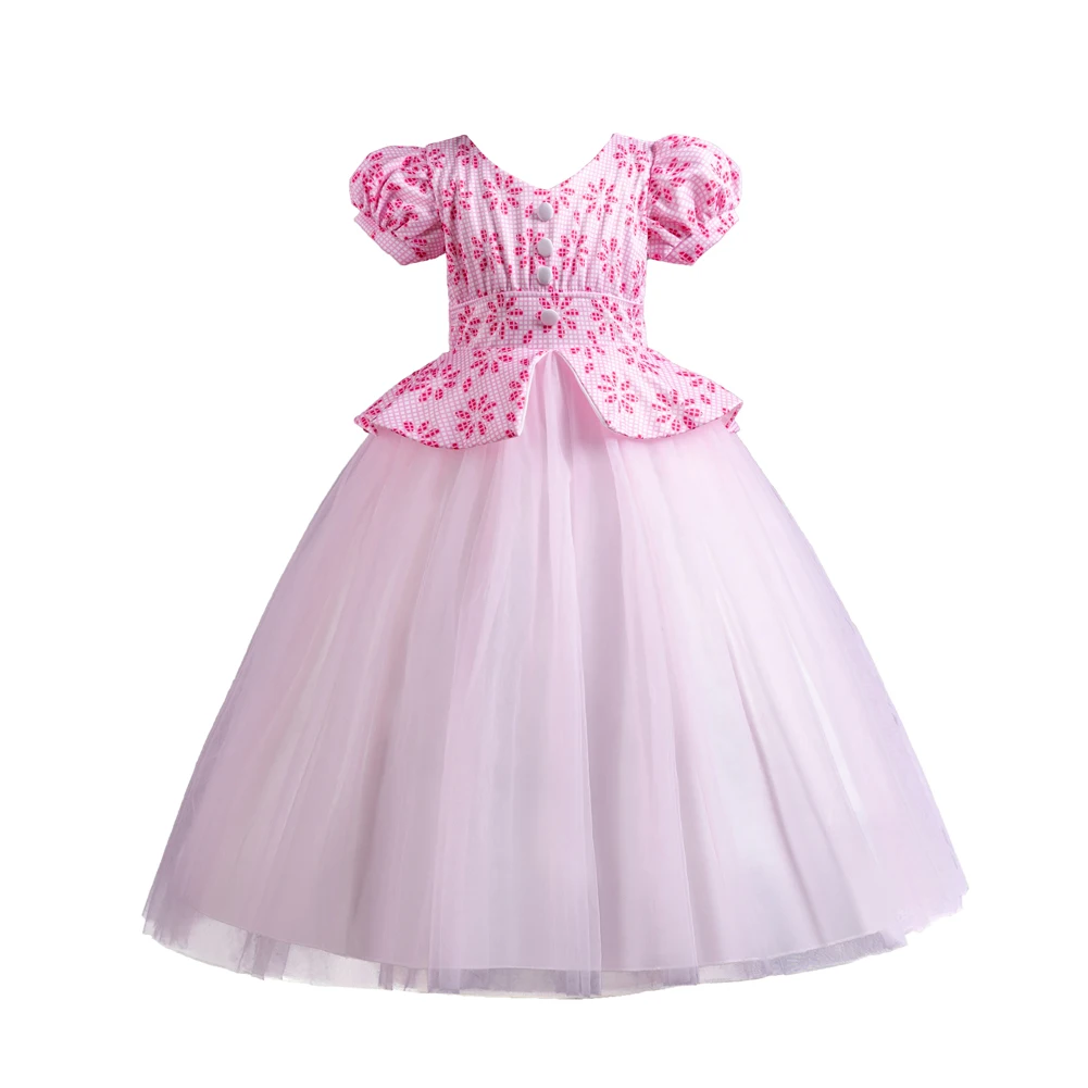 Pink printed bubble sleeve mesh puffy dress for girls aged 4 to 14, suitable for birthday parties, wear princess ball dresses