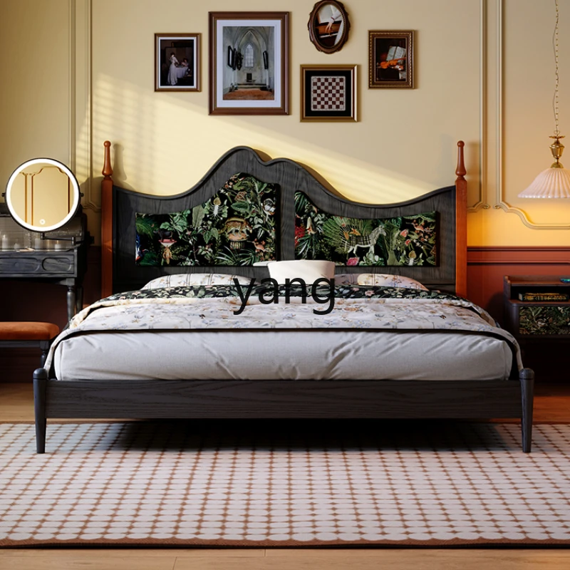 

LH medieval style solid wood bed, high-class master bedroom retro ash wood pattern cloth soft bag double bed