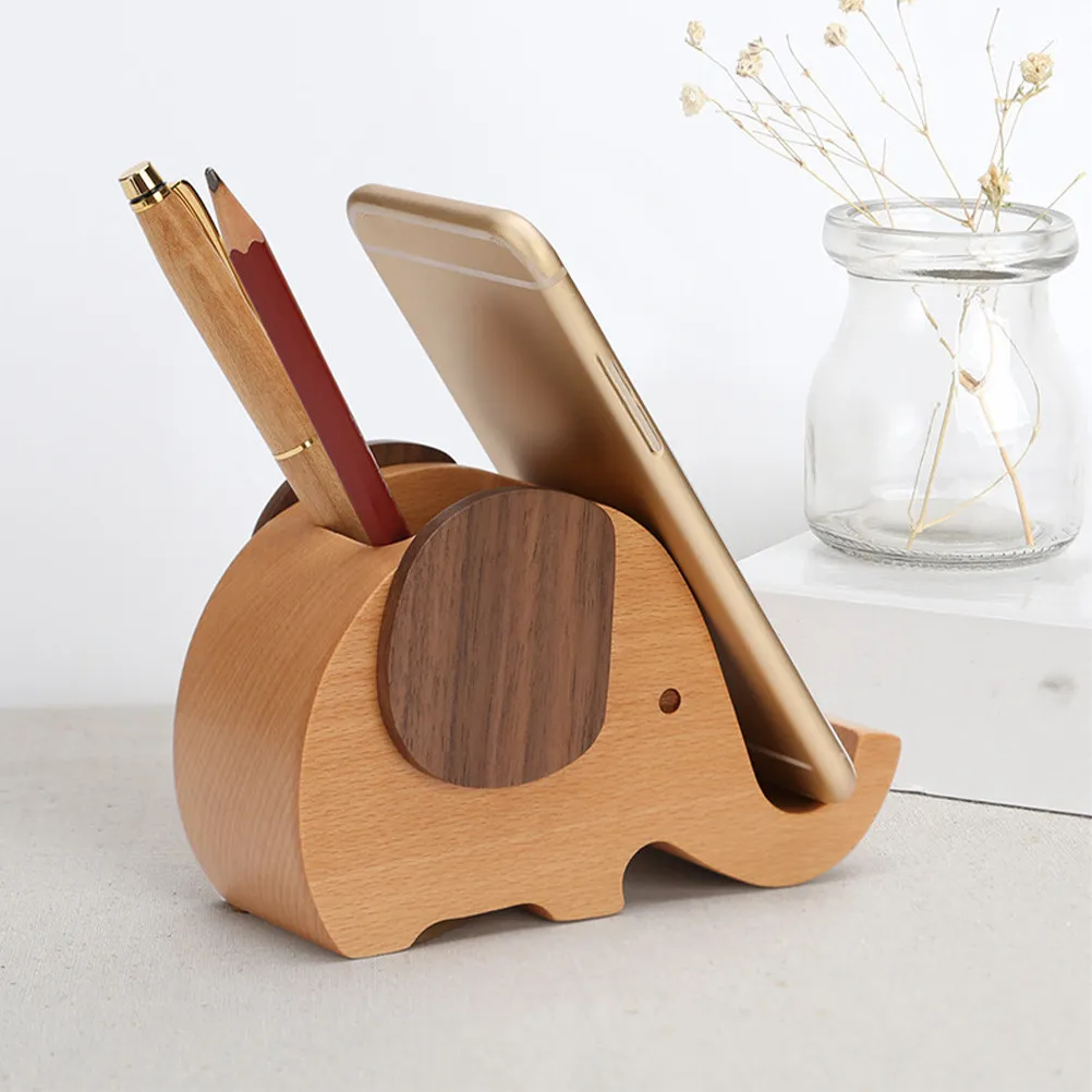 

Elephant Shaped Wooden Desk Organizer with Phone Stand Pen Holder Pencil Storage Desktop Container for Teachers Students Office