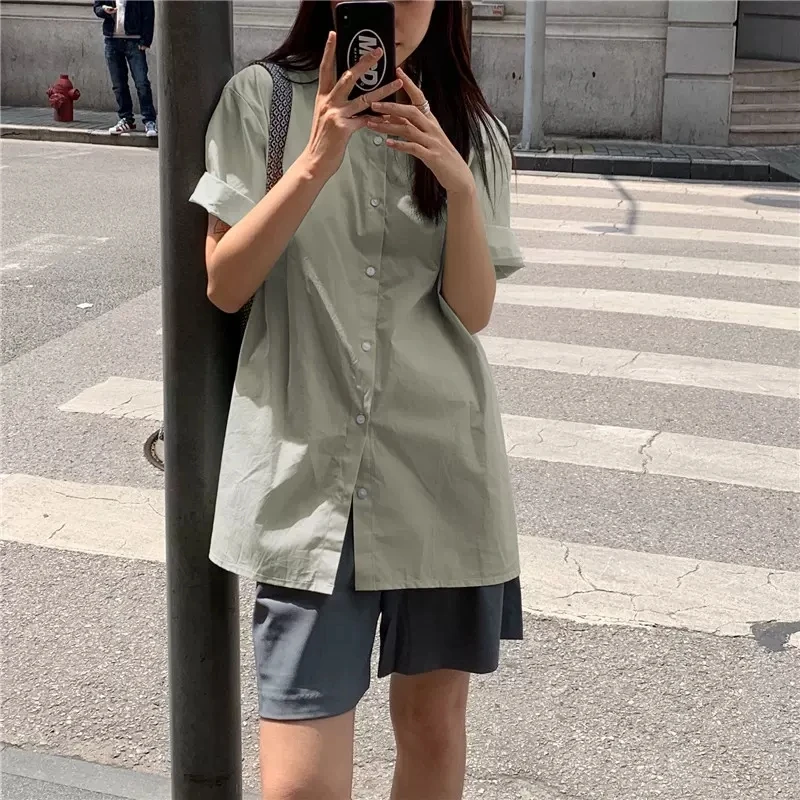 Korean Women Shirts Pink Shirt Women Short Sleeve Shirts Tops Office Lady Basic Shirt Blouses Woman Blouse NS5646