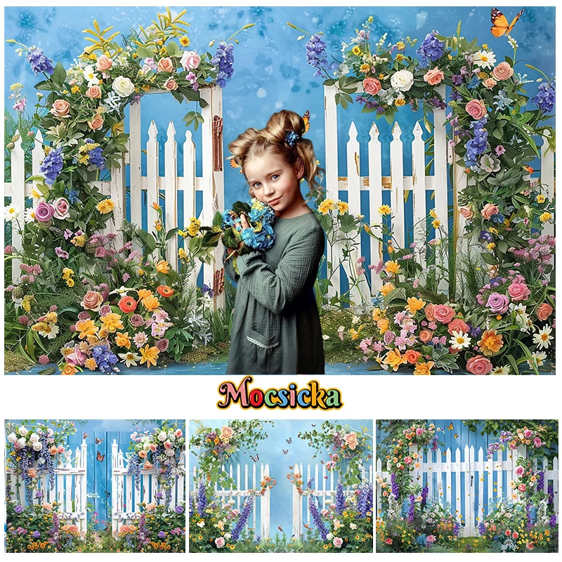 Mocsicka Photography Background Summer Colorful Floral Arches White Wooden Adult Child Art Portrait Decor Backdrop Photo Studio