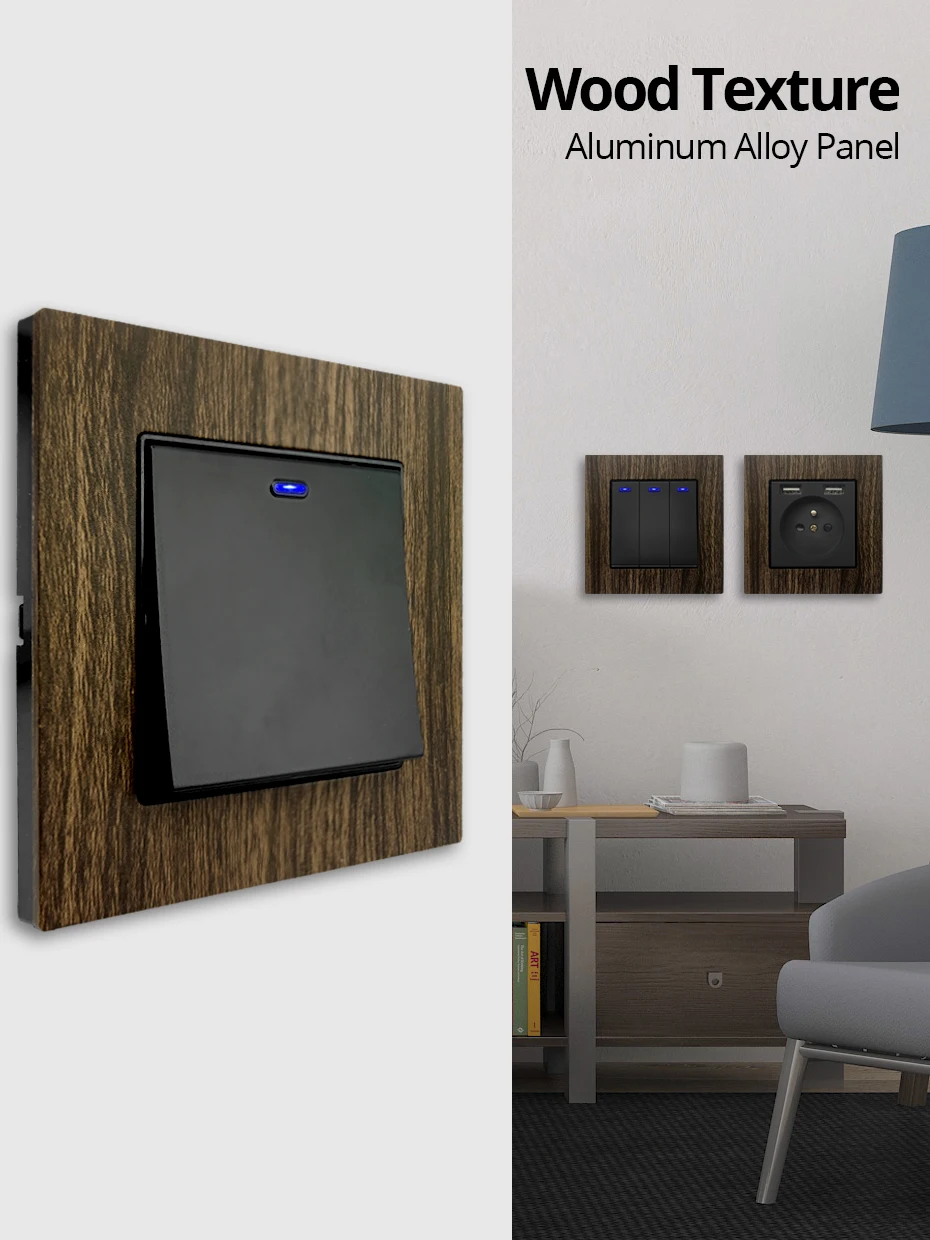 Wallpad Wood Texture Aluminum Alloy Panel EU Electrical Sockets And Wall Switches With LED 1 2 3 Gang 2 3 Way USB Charge Port