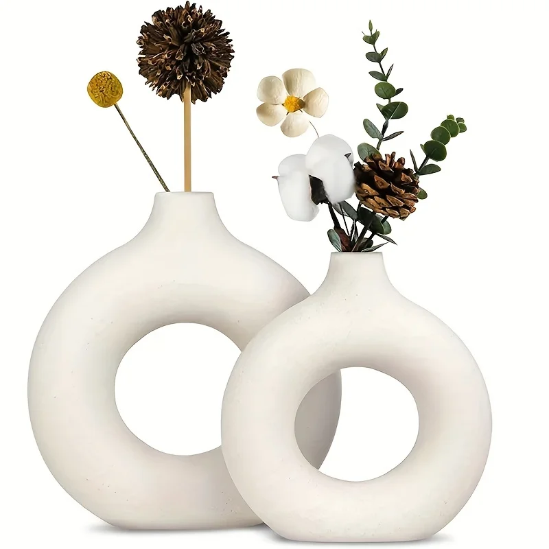 White Ceramic Vases, Modern Hollow Round Design vase Perfect for Pampas Flower and Home Decor, Nordic Minimalist Boho Style Deco