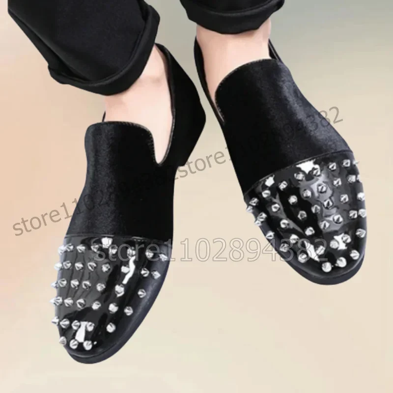 

Black Patchwork Patent Leather Rivets Decor Loafers Fashion Slip On Men Shoes Luxurious Handmade Party Office Men Casual Shoes
