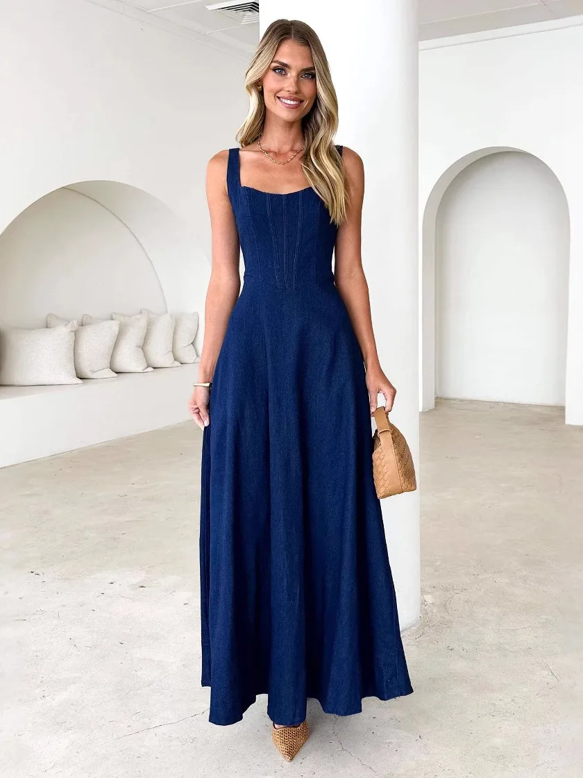 

Однотонное джинсовое платье с длинными рукавами и поясом, винтажное женское платье с высокой талией для выступления на свадьбу и свидание