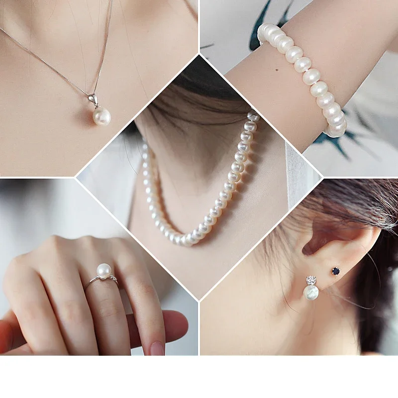 Fashion Real Pearl Necklace Sets For Women,Natural Freshwater Pearl Necklace Bracelet Earrings Ring 925 Silver Jewelry Sets