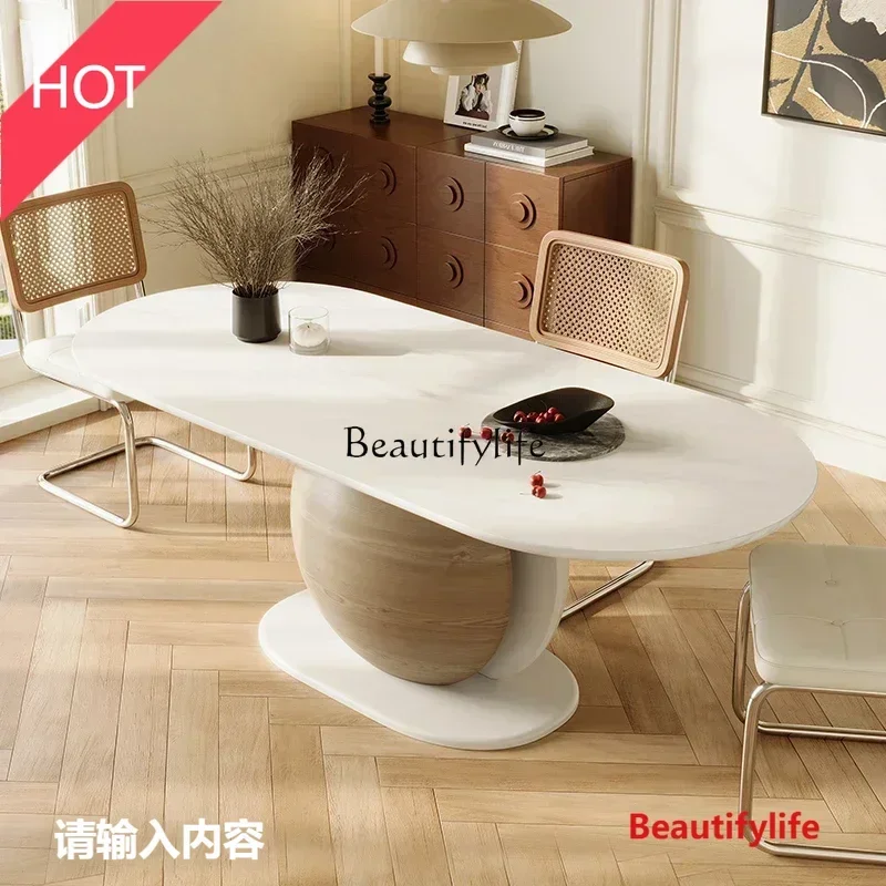 

style Solid wood rock slab dining table and chairs French white terrazzo oval log cream style ss 8617