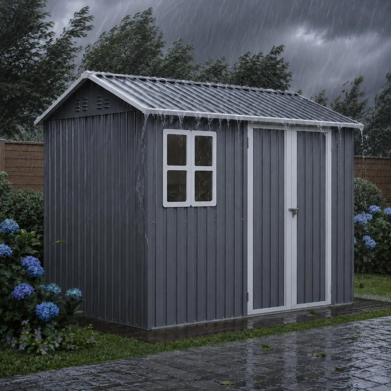 8x6 FT Outdoor Storage Shed Waterproof Galvanized Steel Lockable Doors 4 Vents Sloped Roof Backyard Patio Gray, Customized