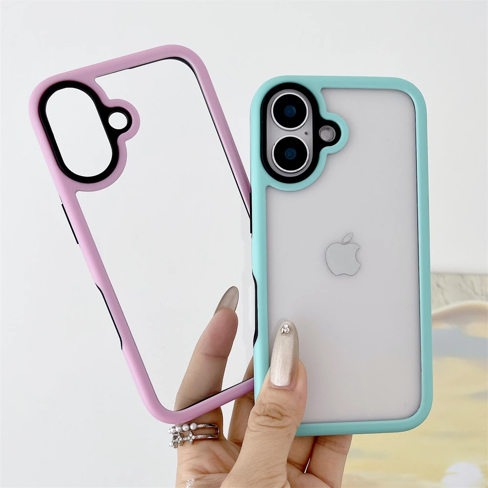 2 In 1 Contrast Clash Color Clear Case for iPhone 16 15 13 14 Pro Max 16 Plus Macaron Shockproof Bumper Transparent Candy Cover