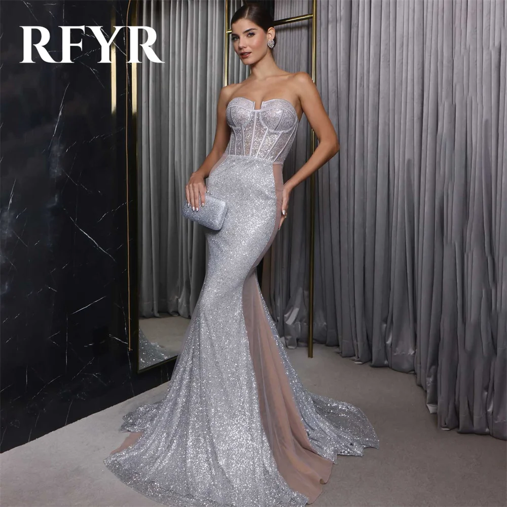 

RFYR Sliver Sequins Evening Dress Corset Vestidos De Noche Sweetheart Tulle Prom Dress with Pleat Sleeveless Trumpet Party Dress