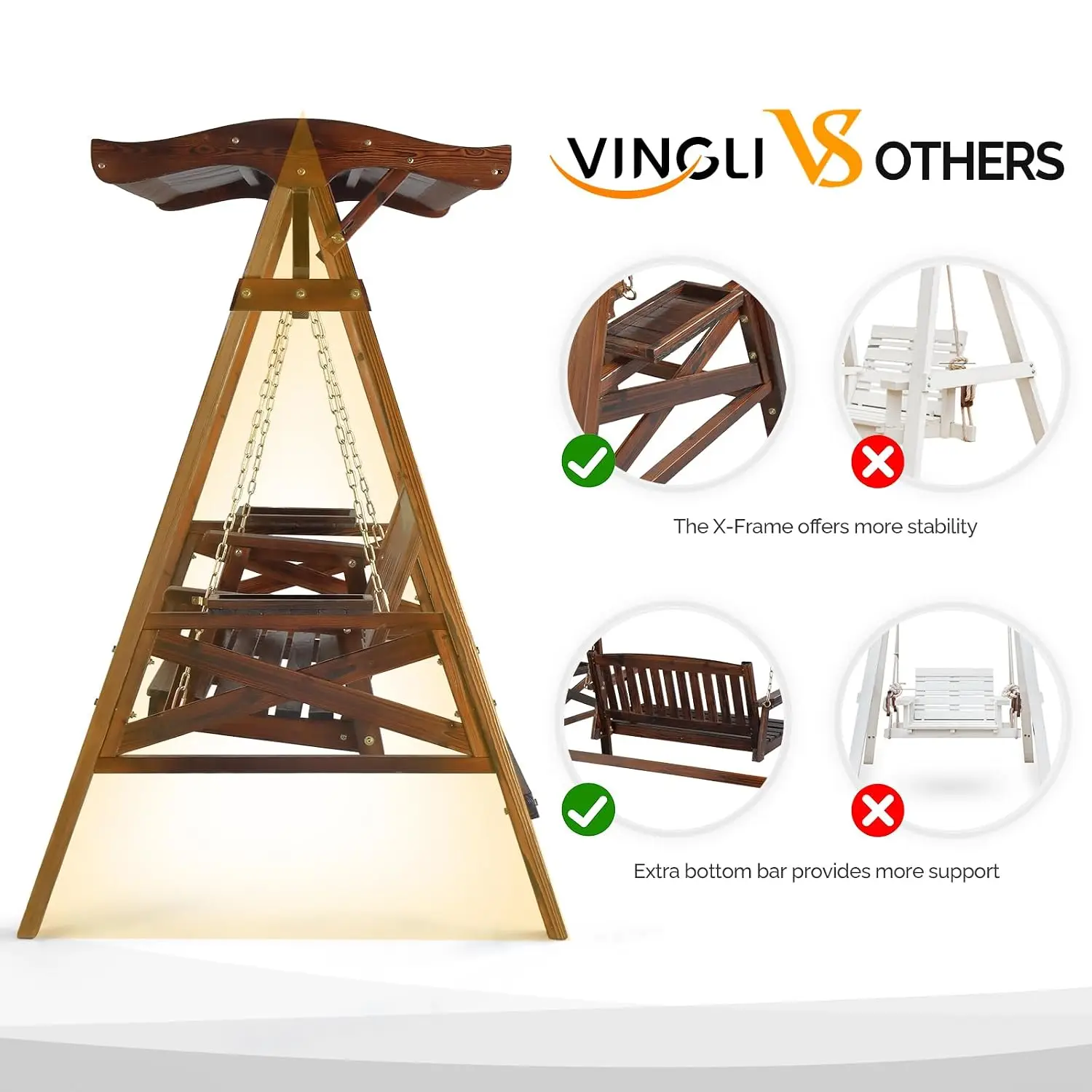 Outdoor Swing with Stand & Canopy, Waterproof Porch Swing, Rust-resistant Steel Frame, Customized