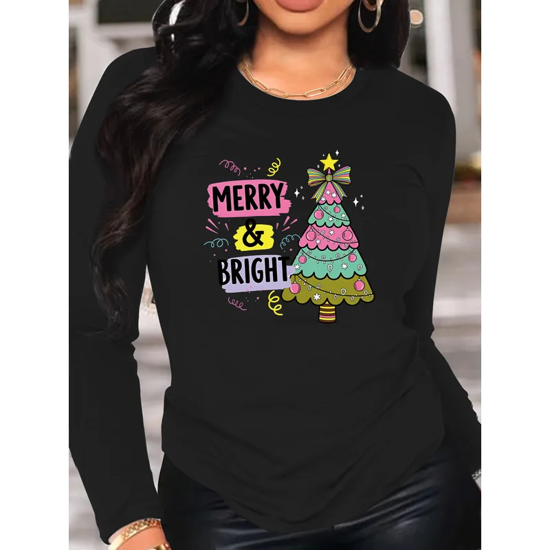 Women's  Merry Bright Christmas T-Shirt - Oversized Long Sleeve Crew Neck Top with Merry & Bright Lettering