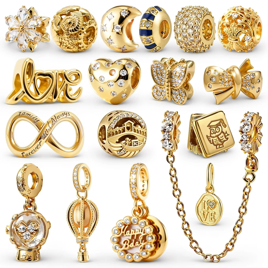 Image of DIY Feiner Damenschmuck Geschenke Funkelnde Goldene Sicherheitskette Runder Clip Schmetterling Liebesstempel Herzperlen Passend für Original-Armbänder