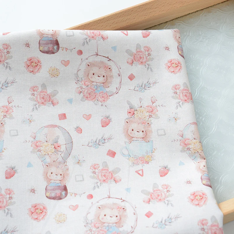 100%Cotton Pastoral Flowers Hot Air Balloon Lion Owl Digital Printing for Sewing DIY Handmade Muslin by Half Meter