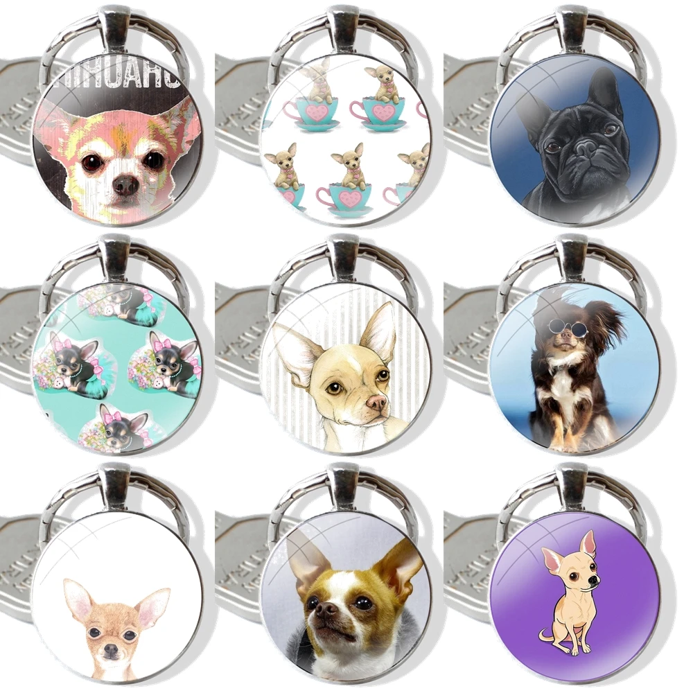 Keychain Handmade Glass Cabochon Key Ring Holder Pendant Key Chains Chihuahua