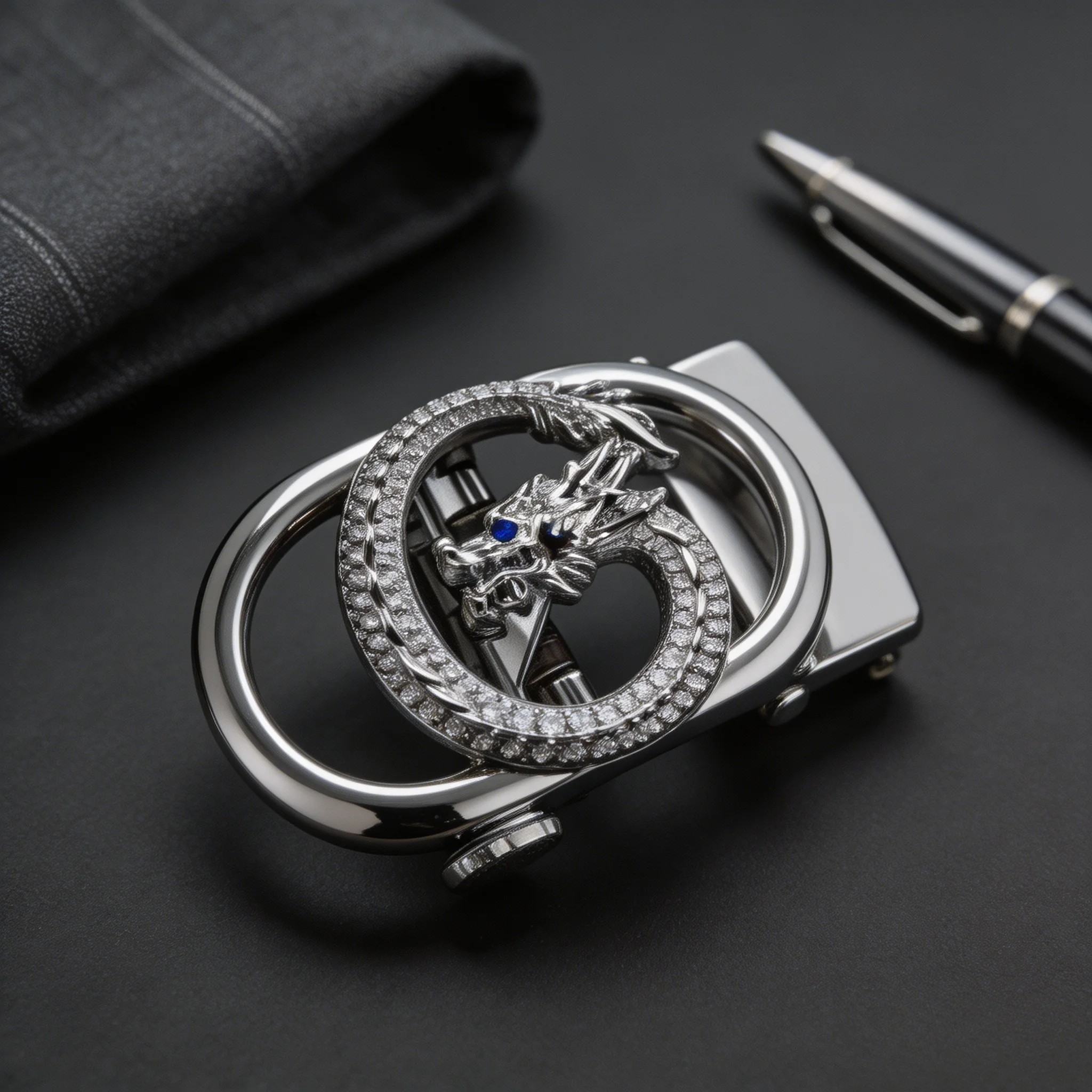 English Title: Dual Ring Rhinestone Dragon Automatic Belt Buckle Only Gold Silver Alloy Buckle Men Chinese Style Business Daily