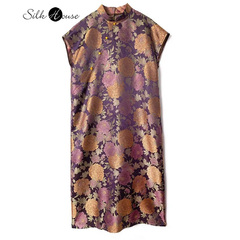 

Women's Fashion Summer New Purple Peony Printed Heavy 100% Natural Mulberry Silk Song Brocade Temperament Chinese Style Dress