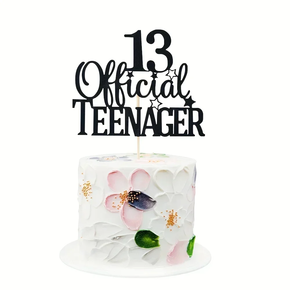 1PC Sparkling Teenage Birthday Cake Top - Cheers to 13- Sparkling Black Sparkling Unforgettable Dessert Table Decoration