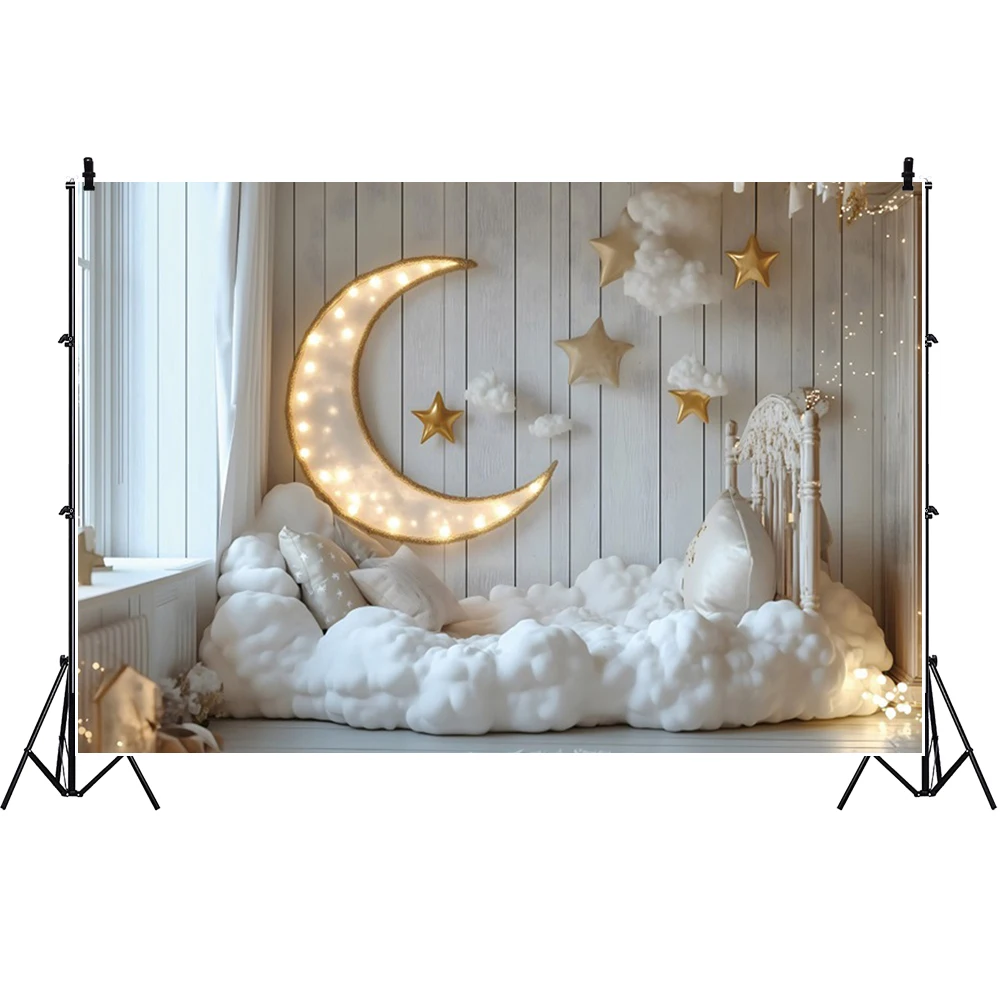 Happy Birthday Photography Backdrop Newborn Party Moon Clouds Background Kids Portrait Cake Smash Photo Banner Studio