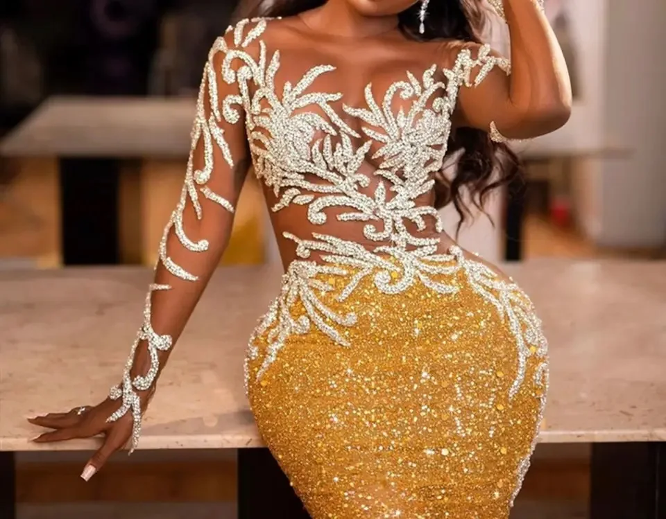 2023 Lace Applique Beaded Evening Dresses Gold Sequined Women Luxury Party Dress Mermaid Formal Prom Gowns Celebrity Gala Robe