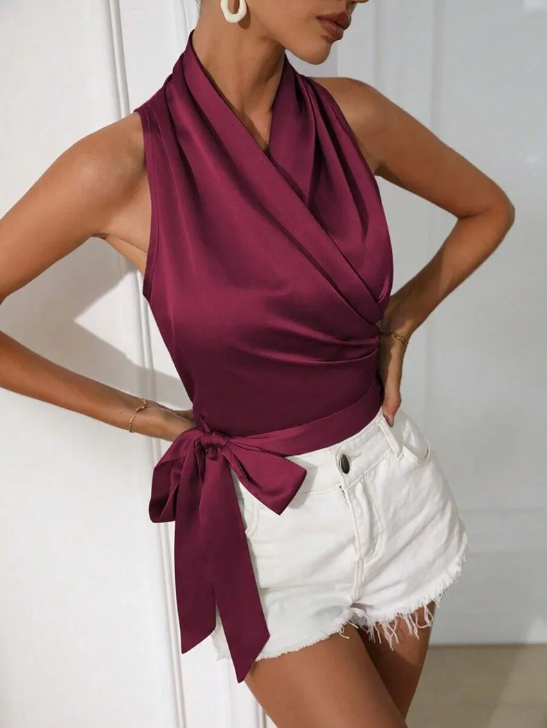 Women's Satin Sleeveless Halter Neck Tie Front Wrap Side Solid Color Slim Fit Blouse Tank Top for Women Clothing Female Fashion