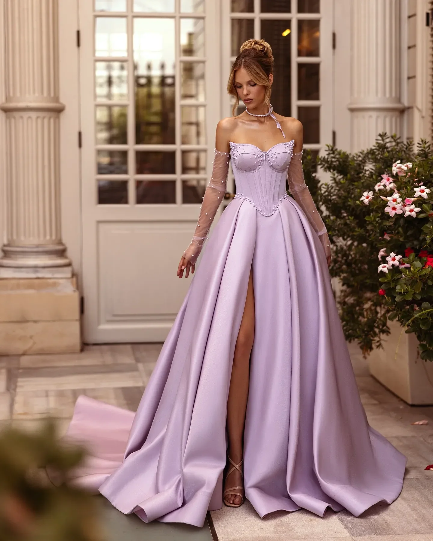 

Customized Gorgeous Lavender Prom Dress A Line Pearls Sweetheart Evening Gowns Bone Bodice Thigh Split Backless Formal Ocn Dress