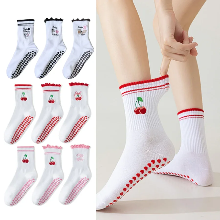 

Yoga Socks Women Cotton Cherry Embroidered Lettuce-Edge Dot Silicone Non-slip Grip Pilates Crew Socks