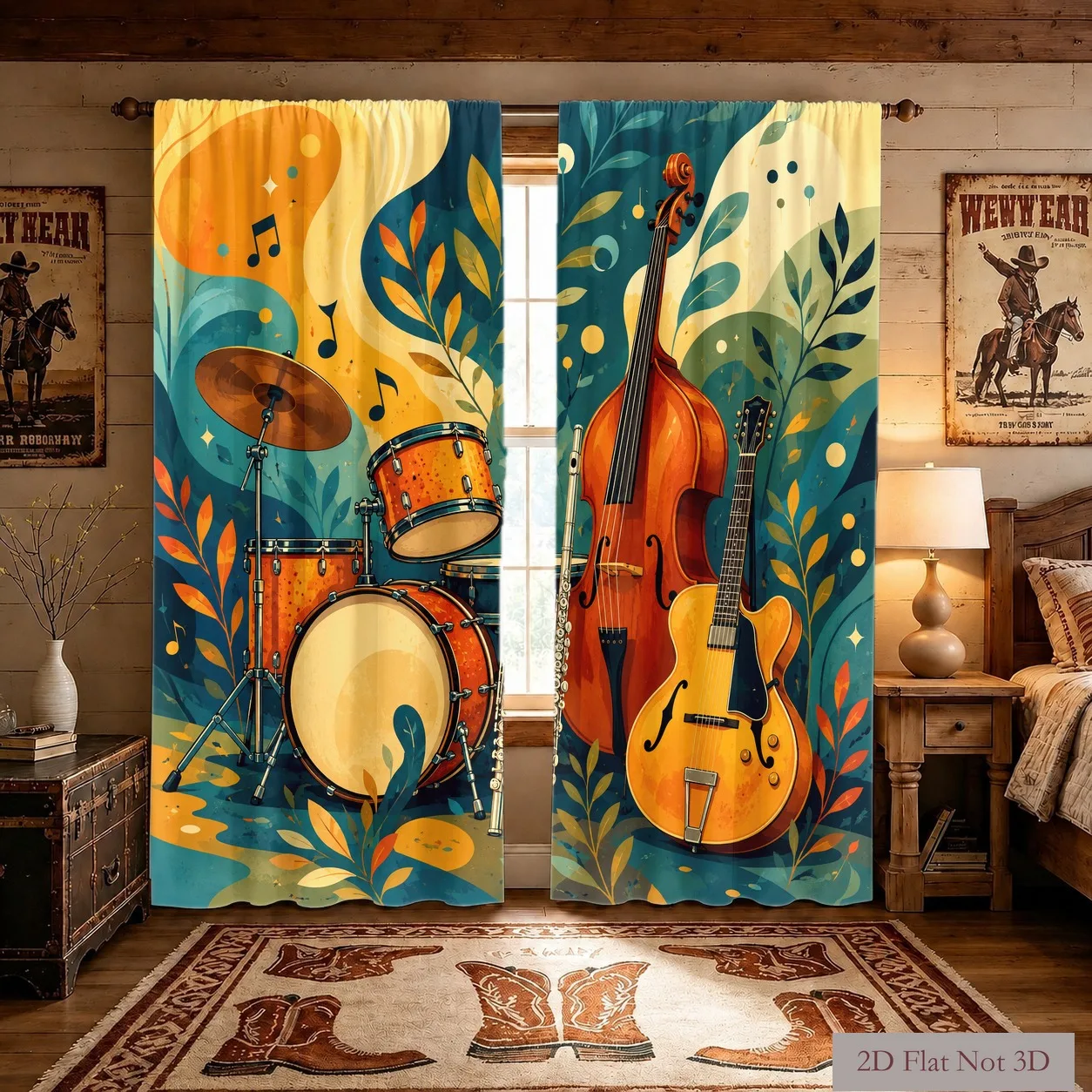 Vibrant Music Notes Drum Guitar Curtain Panels for Living Room Stage Decor Bohemian Style Window Treatment