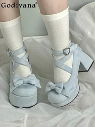 Elegant Fashion Lolita Round Toe Women High-Heeled Shoes Spring and Autumn Sweet Solid Color Velvet Cross Strap Bow High Heels