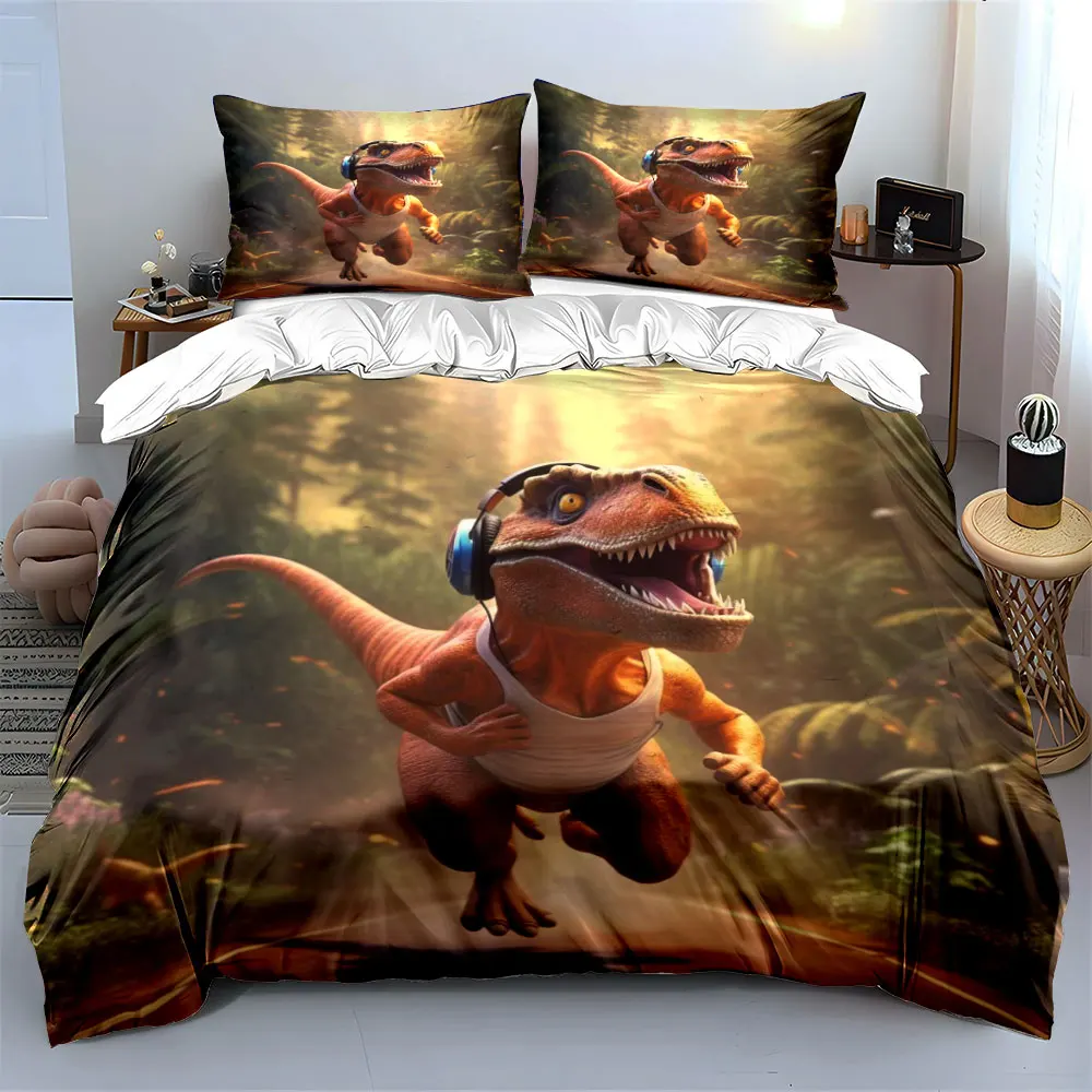 3pcs Dinosaur running with headphones Print Soft Comfortable Duvet Cover Bedding Set Included 1*Duvet Cover  2*Pillowcases