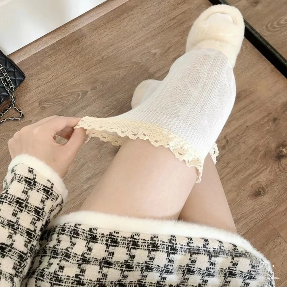 Knitting Thigh High Lace Up Stockings Thermal Warm Women Trendy Casual Over The Knee Female Cotton Long Socks Tall Tube Leggings