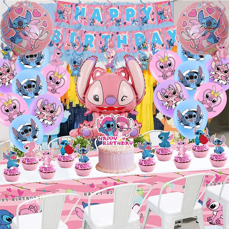 Ensemble de ballons en aluminium rose, 101 pièces, bannière sur le thème du Lilo & Stitch, autocollants pour décoration de gâteau, réception-cadeau pour bébé, décoration de fête d'anniversaire pour enfants