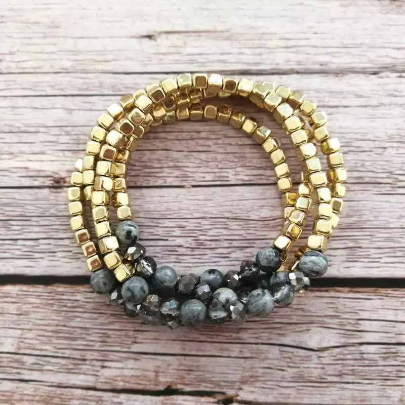 Brown Gemstone Gold Square Beads Stretchy Bracelet Set Fall Jewelry Gifts