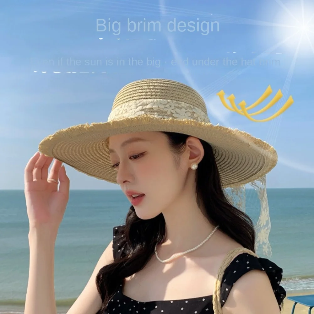 

Fashion Breathable Lace Bowknot Straw Hat Large Brim Korean Style Wide Brim Sun Hat Anti UV Sweet Sunshade Cap Summer