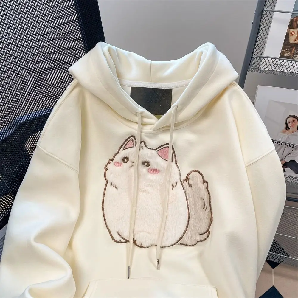 Cute Cat Plush Flocking Embroidery Y2K Hoodies for Girls Winter Loose Cotton Long Sleeve Sweatshirt Lovely Women Kawaii Clothes